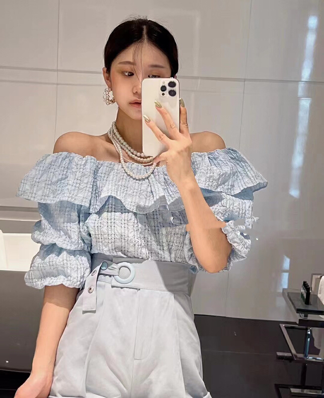 [mi ni] fresh and simple one line shoulder lotus leaf edge shirt 1348\pcz