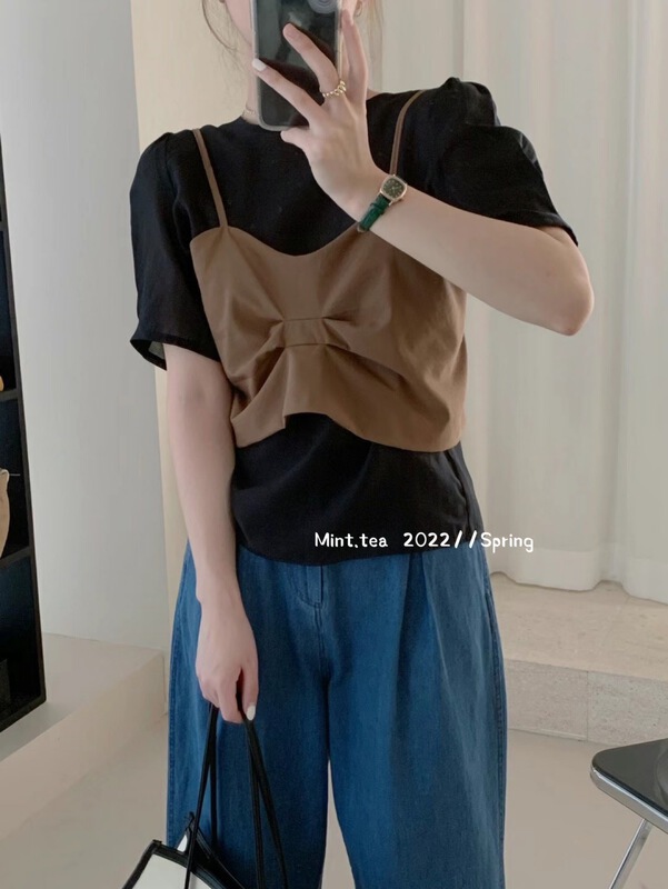 [mint tea] Korean gentle suspender Vest + bubble sleeve small shirt set 22695\zjy