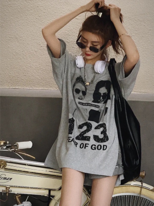 [Amy] street fashion print loose Pullover short sleeve T-shirt 903\wtt