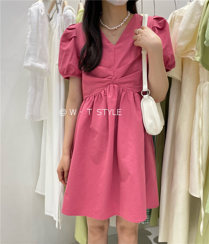 [wt] V-neck pleated bubble sleeve dress b331\hbx