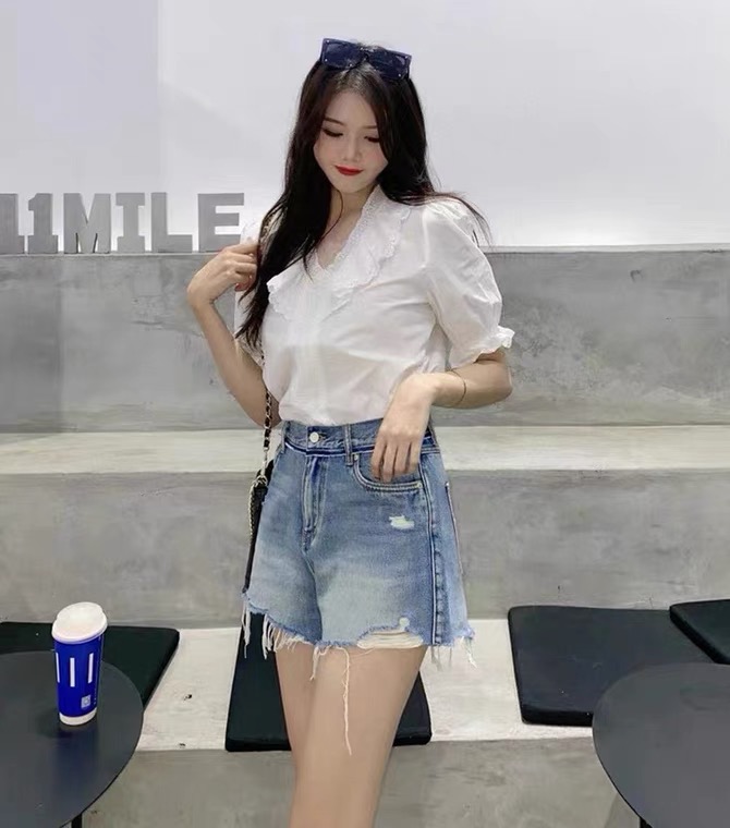 [yuan color] fashion Vintage denim shorts with holes 0316\lsw