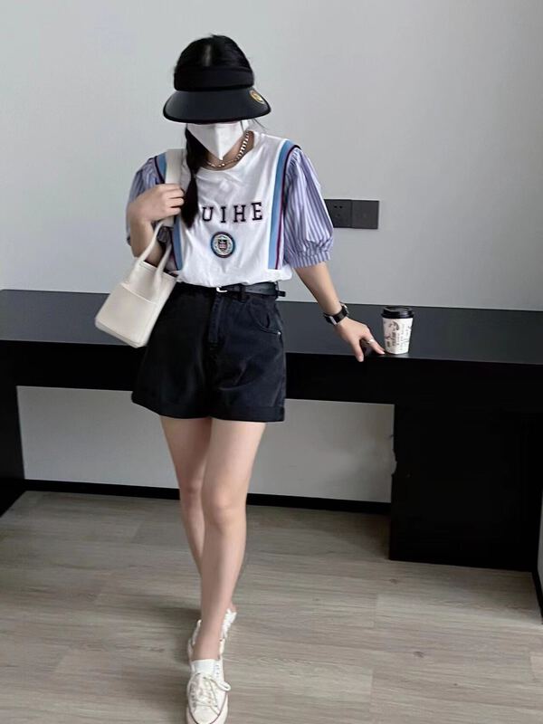 [I-D] Korean version versatile sleeve Pinstripe short sleeve T-shirt 6059\ll