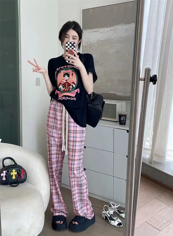 [six] elastic waist straight tube Plaid casual pants 6282-1\pcz