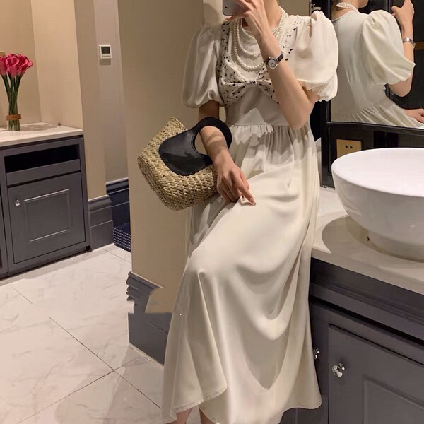 [Xiangli] printed bowknot Vest + round neck bubble sleeve simple dress suit 8533\pcz