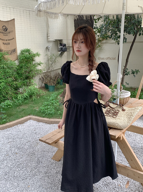 [as] careful machine design leak waist bubble sleeve dress ys1-6585\hjy
