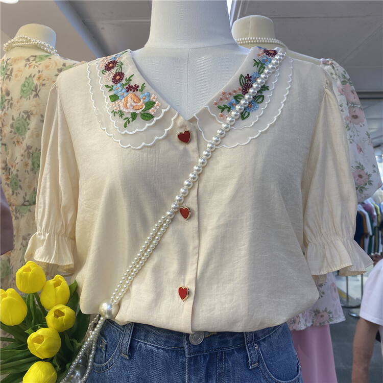 [CIG] Embroidered Flower Baby collar temperament shirt 6118\zjy