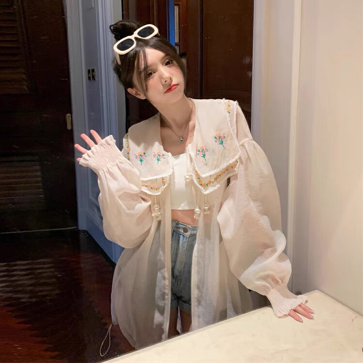 [Kiki studio] summer embroidered large lapel Korean casual sun shirt 6097\hjy