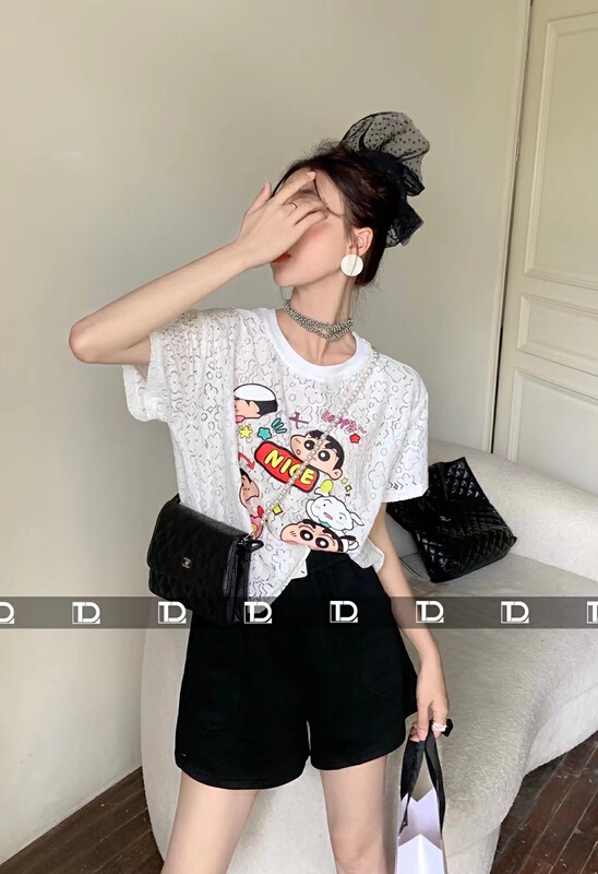 [tangdou original] lace cartoon printed short sleeve T-shirt 9695\wtt