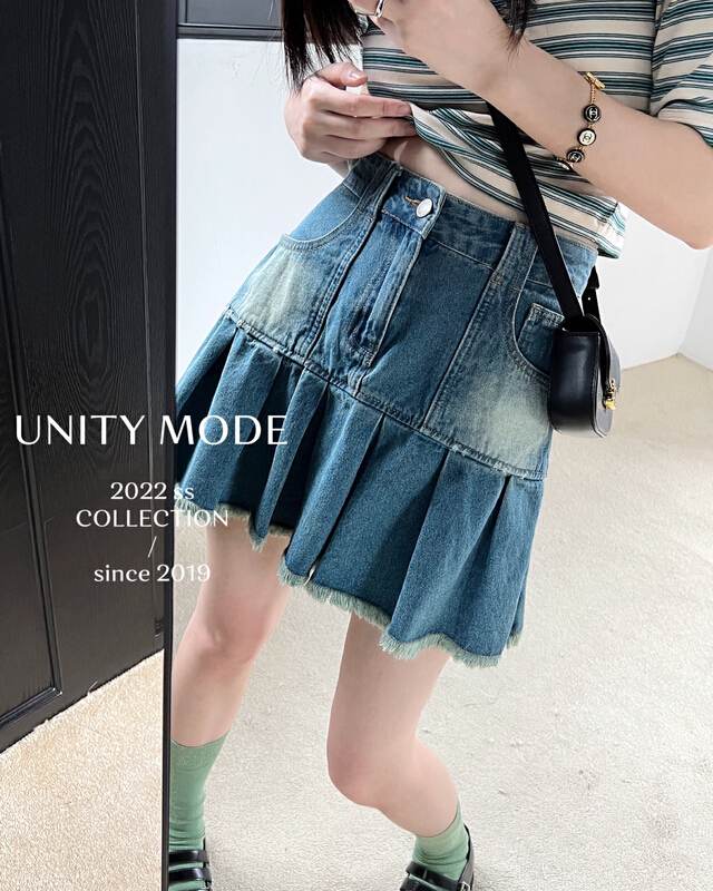[unit] retro washed blue denim skirt high waist A-line short skirt 6519