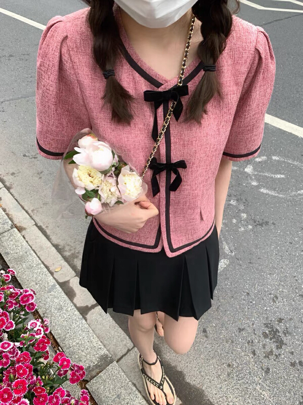 [jun.t] celebrity style color contrast bow tie blouse ➕ High waist slim skirt suit 6127\pcz