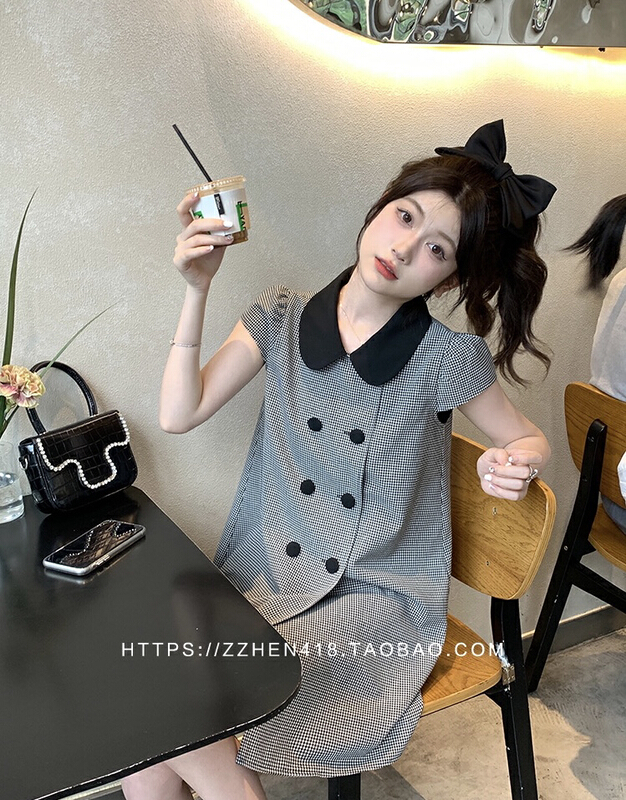 [y.jia EJA] aging contrast checked dress dress dress 1808