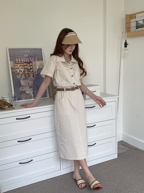 [as] tooling pocket button dress (with belt) ys1-6568\hjy