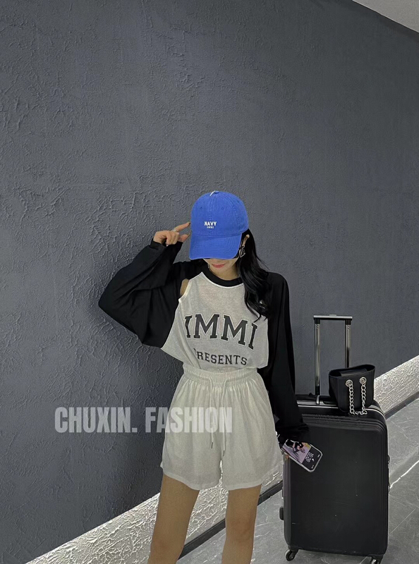 [c.x Chuxin] Korean color block letter long sleeve T-shirt + casual shorts two piece set 6197\wtt