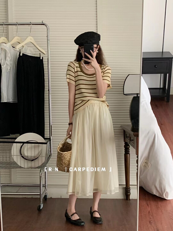 [R n] stripe contrast fashion T-shirt 81015\ll