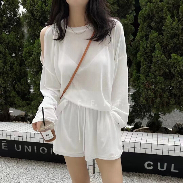 [rainbow] popular one-sided missing shoulder sunscreen suit set 08239