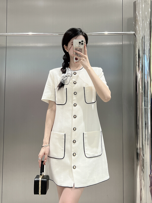 [DS] small fragrance round neck single breasted contrast stitch dress 28525d\jhy