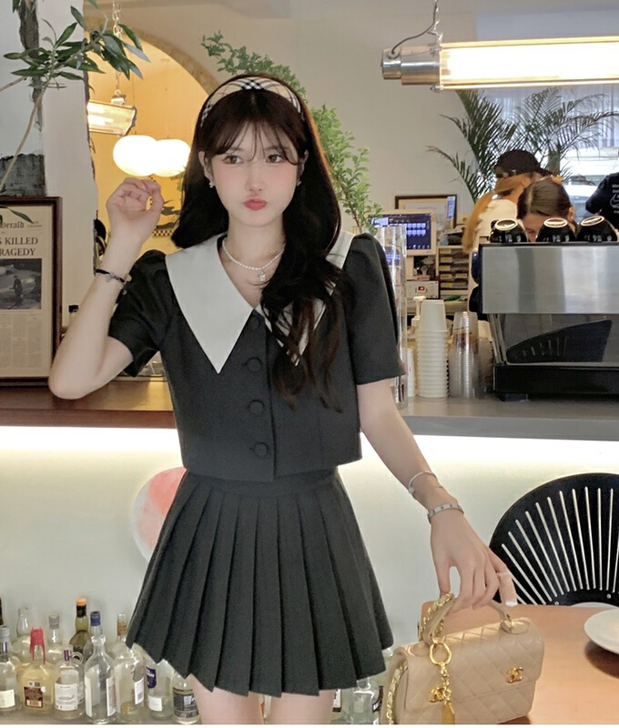 [y.jia EJA] small fragrance suit short sleeve pleated skirt suit 8025