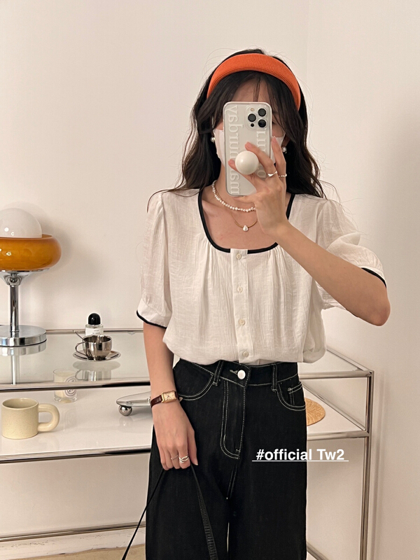 [TW2] Korean simple contrast bonded U-neck shirt 16291\hbx