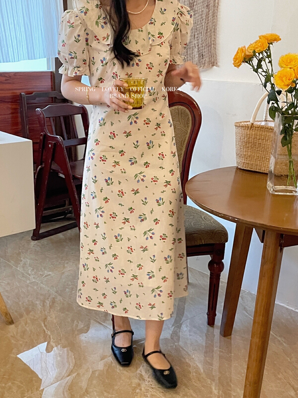 [love] French style Ruffle round neck high waist thin retro dress s1673\hbx