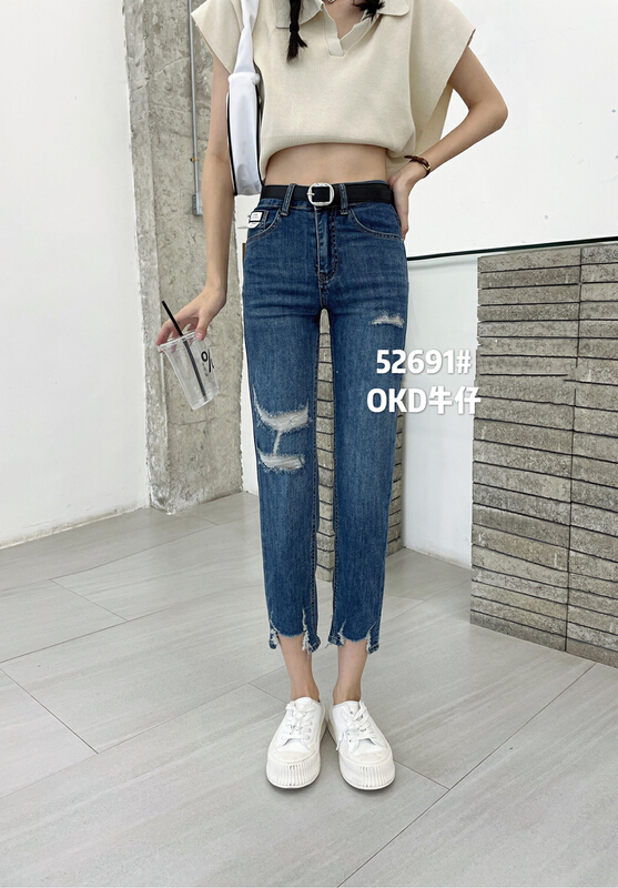 [okd] Korean style tattered versatile jeans (with belt) 52691\zxl