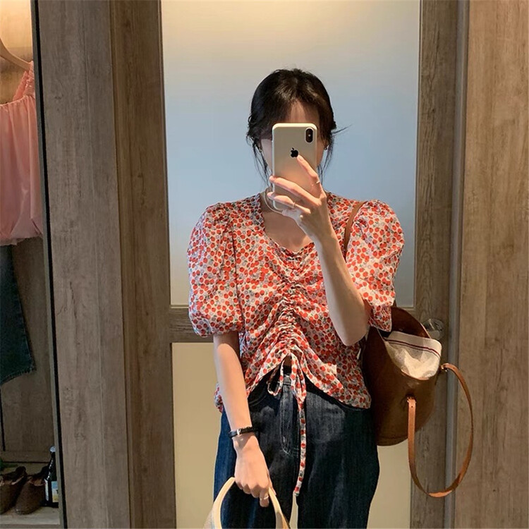 [h2-studio] V-neck floral drawstring bubble sleeve shirt a718\hbx