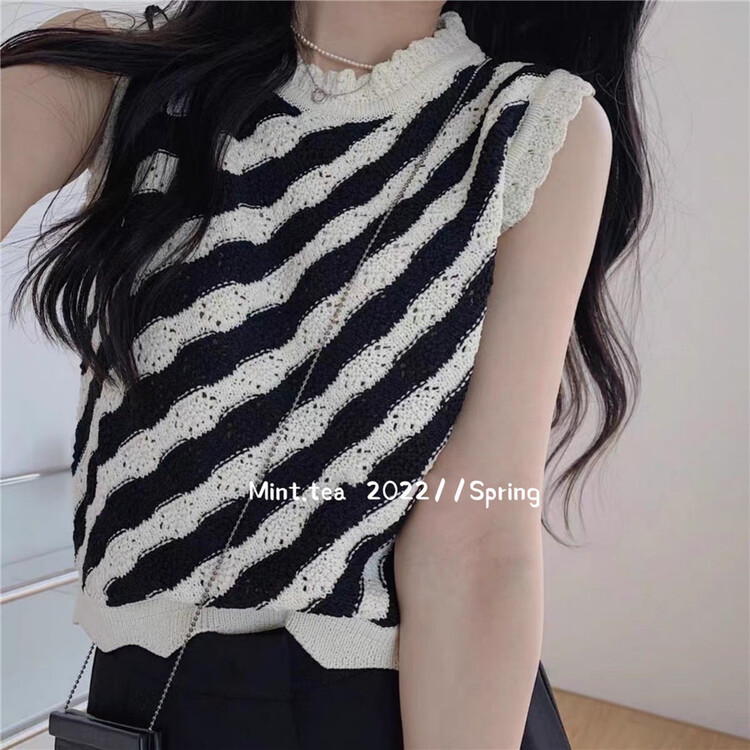 [mint tea] knitting stripe versatile vest / suspender (only selling vest) 22128\zjy