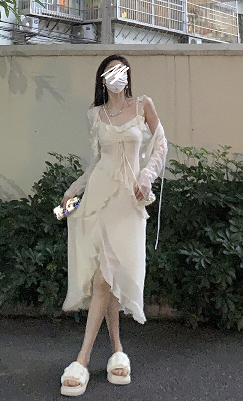 [Amanda] agaric lace suspender slit long dress + Lace sunscreen comfortable blouse set 9645\pcz