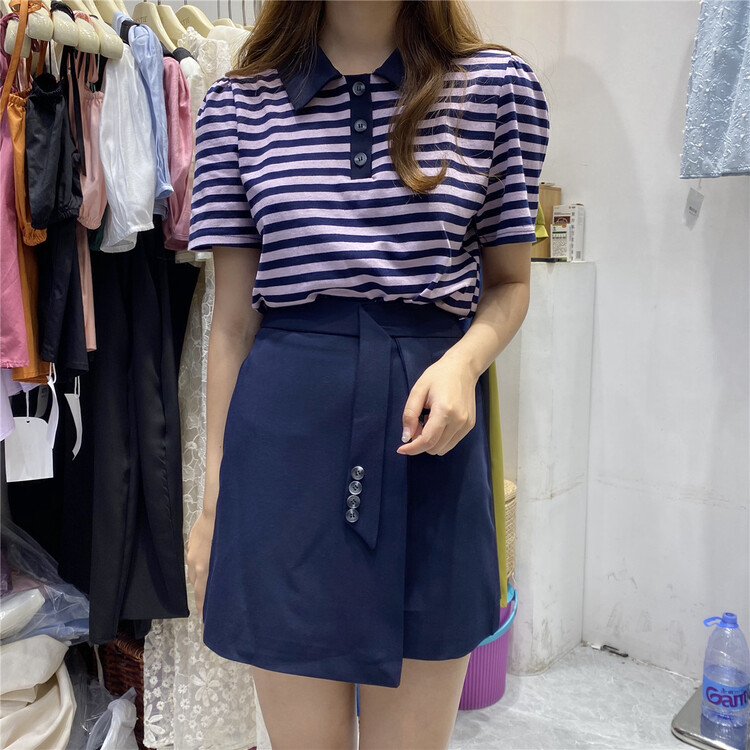 【 bestie 】 Korean casual polo collar stripe short sleeve + short skirt set 1500\hjy