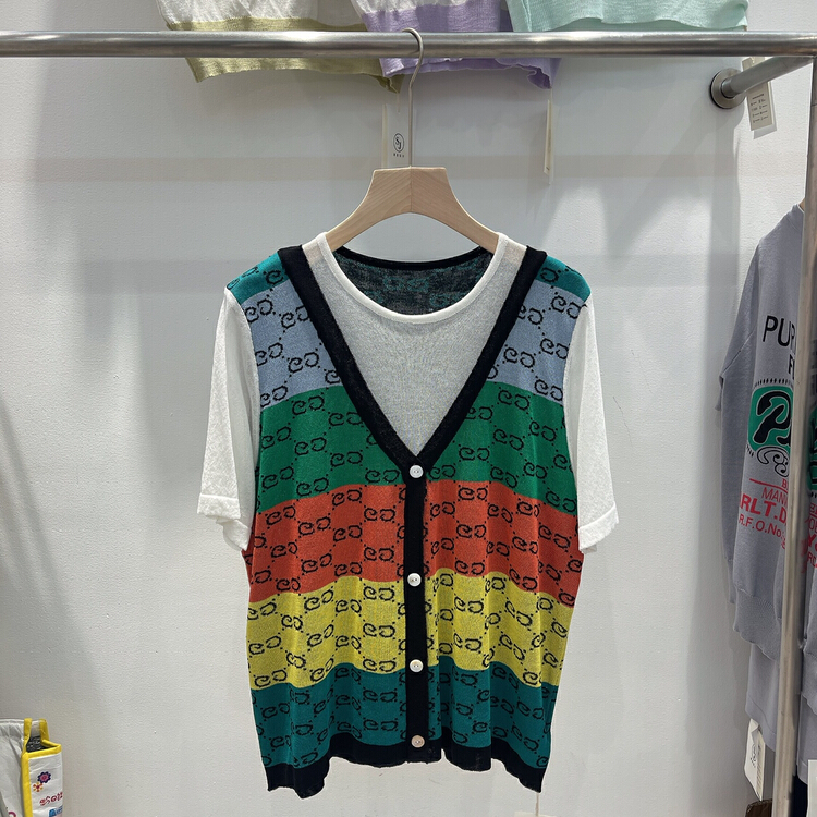 [S.J] fake two piece color contrast stripe T-shirt 6958\lsw