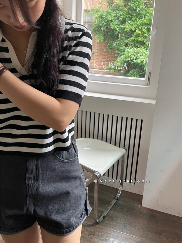 [next station] Polo neck stripe short contrast T-shirt 9593\zjy
