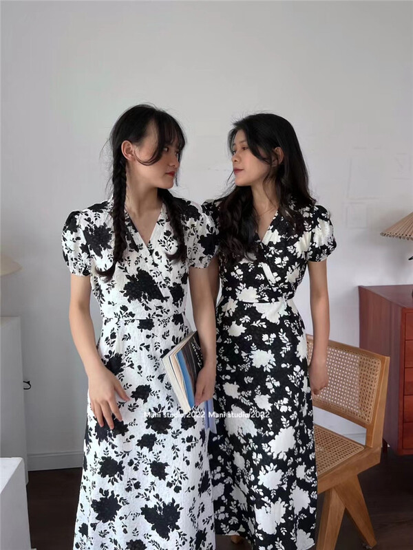 [Mina] Korean retro V-neck floral dress 6948\hbx