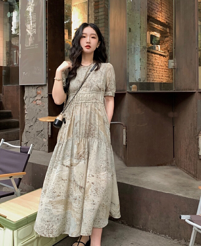 [savage] French retro round neck drawcord waist slimming print dress e8638\wpl
