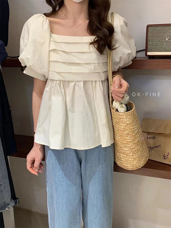 [OK fine] Korean style square neck crimped bubble sleeve shirt 8010\zjy