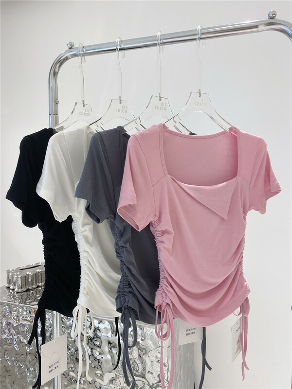 [2/2chicw] pure drawstring slim fit square neck short shirt 8102\pcz