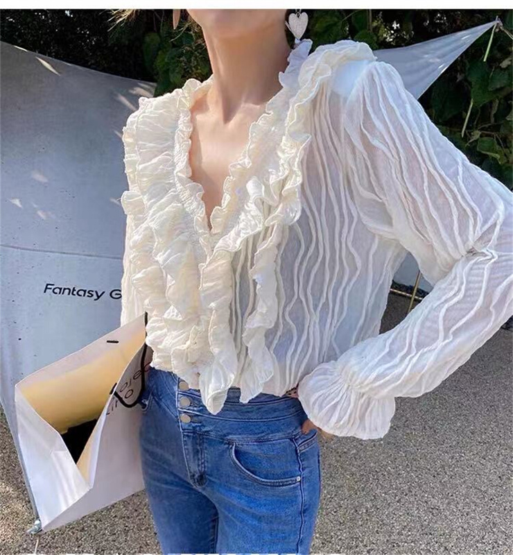 New year in early spring! [Tiantian family] fungus edge temperament solid color shirt (only selling tops) 6825\wtt