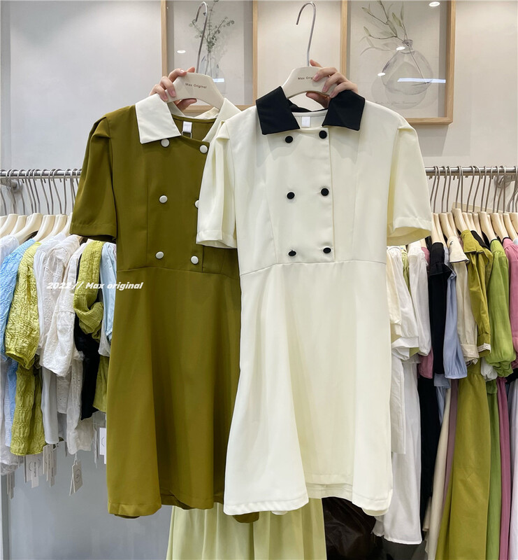 [Max original] temperament double breasted contrast collar dress 98357\hbx