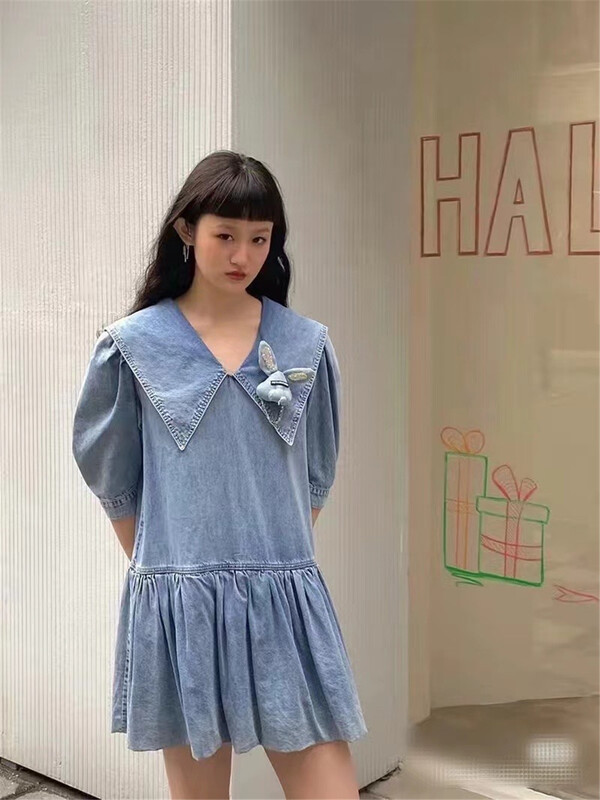 [big C studio] big brand simple baby collar floret denim dress 5082\pcz