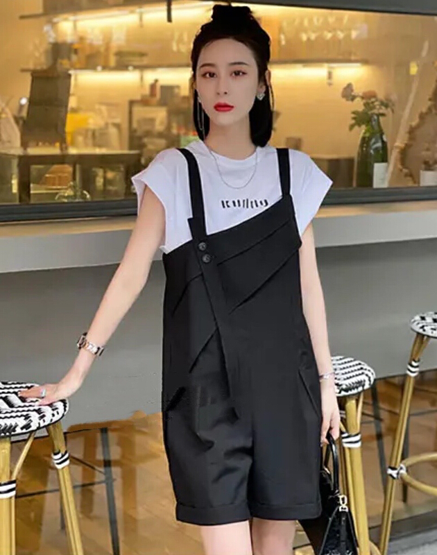 [JH] letter printed short sleeve T-shirt + loose age reducing suspender suit 41939\pcz