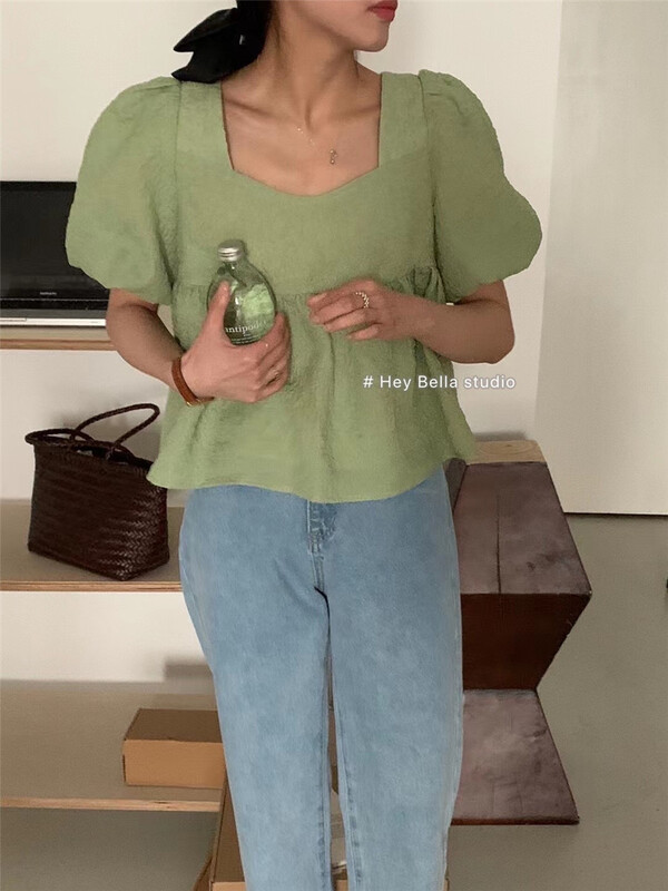 [hey Bella] Korean bubble sleeve Square Neck Shirt 1362\ll