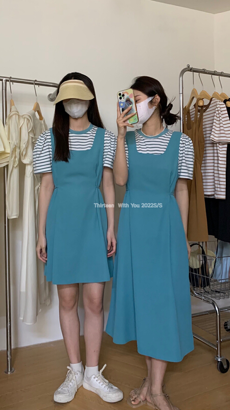 [thirten 13] Korean slim dress + stripe fashion short sleeve T-shirt set 1638\xyy
