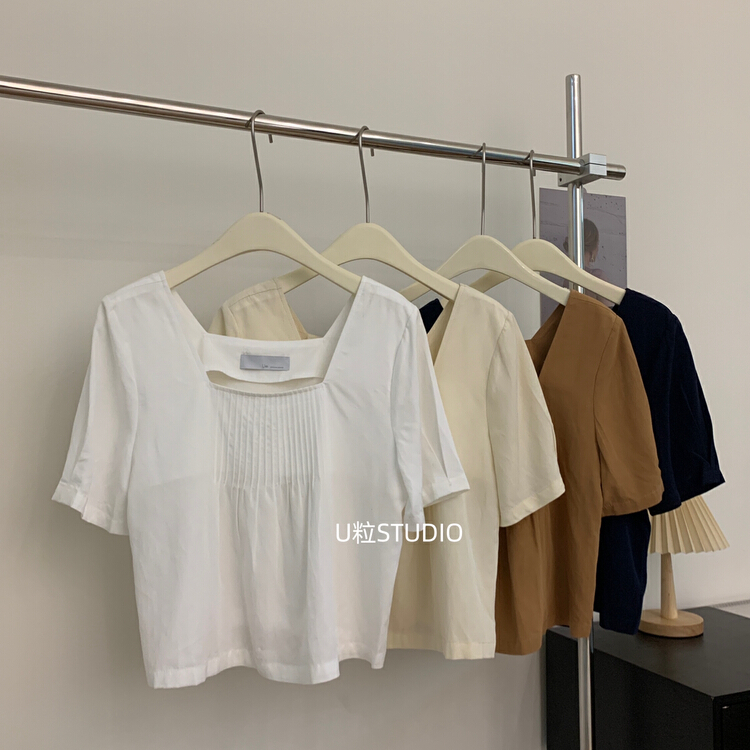 [U grain] fresh and simple square neck pleated shirt 5796 \hbx