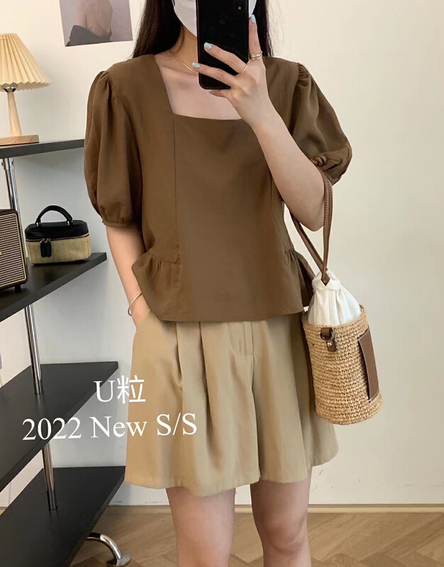 [U grain] Fashion Square Neck bubble sleeve blouse (only selling blouses) 6105\hbx