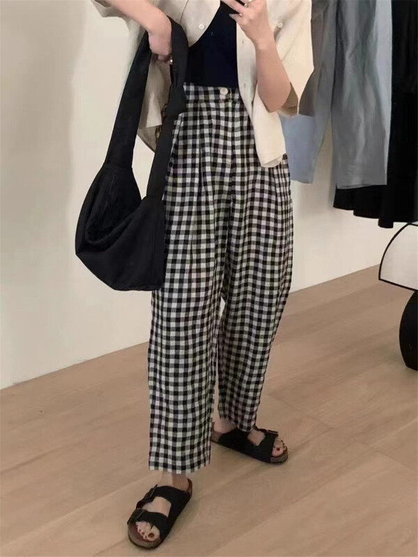 [h-xl] Plaid comfortable loose fitting casual pants 3682\ll