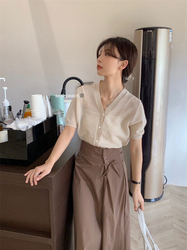 [seek peach] casual simple solid color V-neck knitted cardigan s1307\ll