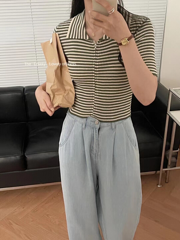 【 love 】 versatile high elastic slim zip stripe T-shirt m0623\hbx