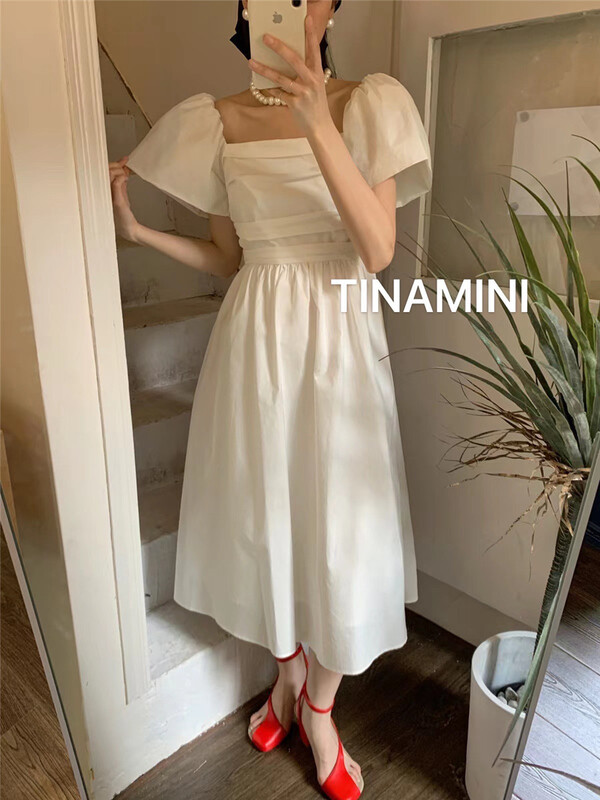 [tinamini] Korean version lady square neck high waist dress 6737\hjy