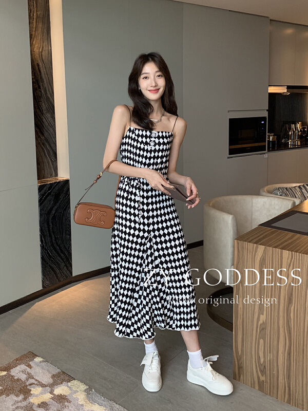 [ZY] retro checkerboard thin fishtail dress (suspender skirt) 68509\jhy