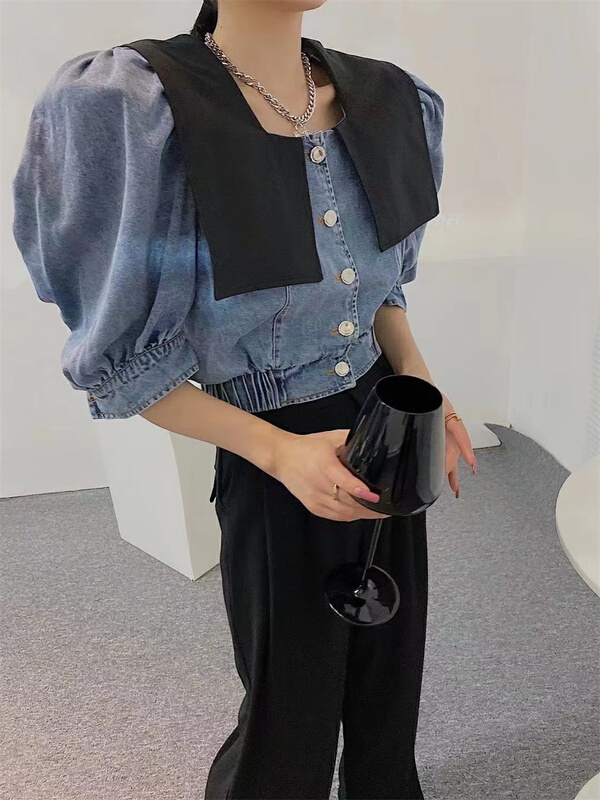 [mix] fashion simple design sense splicing short denim jacket 0286\wtt