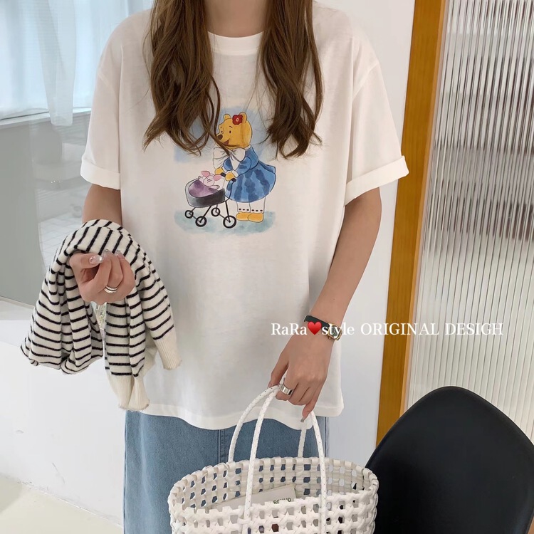 [rara] Winnie the Pooh cartoon printed round neck Pullover Cute short sleeve T-shirt 19250-15\lsl