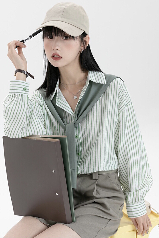 [Daidai] striped long sleeve loose sunscreen shirt (with cape) ys1-4473\hbx